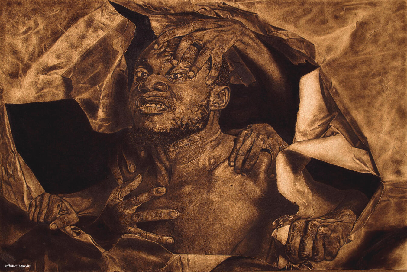 Breaking through, pyrography, 36x 48inches 2018