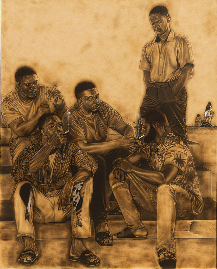 On the verge of herding along, 48x 60inches pyrography, 2022