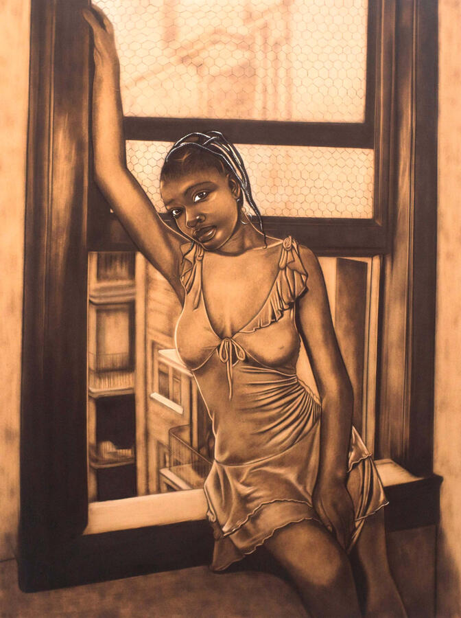 First thing in the morning, pyrography 32x48inches 2023