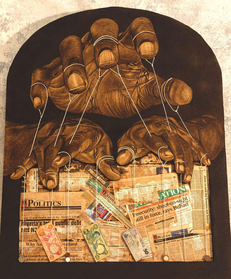 Manipulation of manipulation, 32x 48inches, pyrography mixed media, 2022