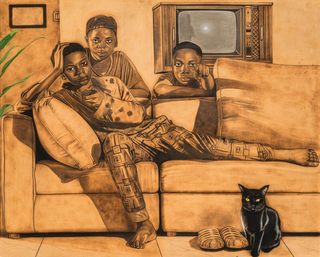 Shared Fascination,\n 48x 60 inches, pyrography 2023