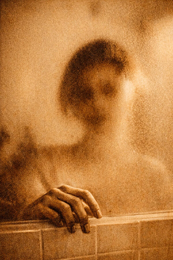 Not Awake, Not Gone Drawn with fire, razor blades on wood 76cm × 102 cm 2026