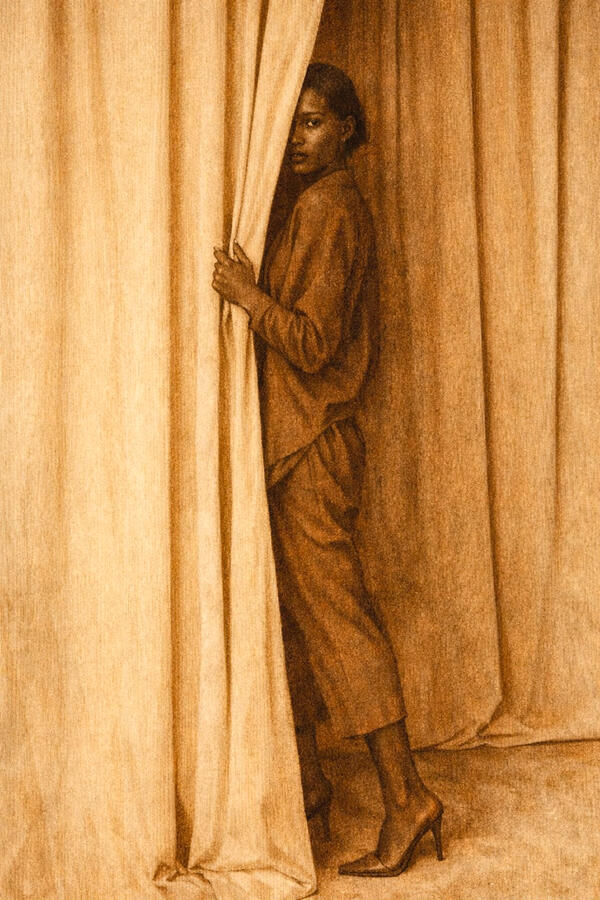 An Interior Moment Drawn with fire, razor blades on wood 122 × 122 cm 2026