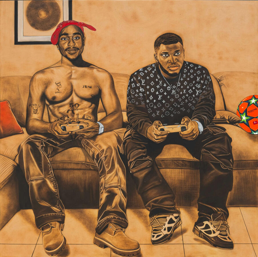 Virtual Bonding\n 48x 48 inches, pyrography 2024