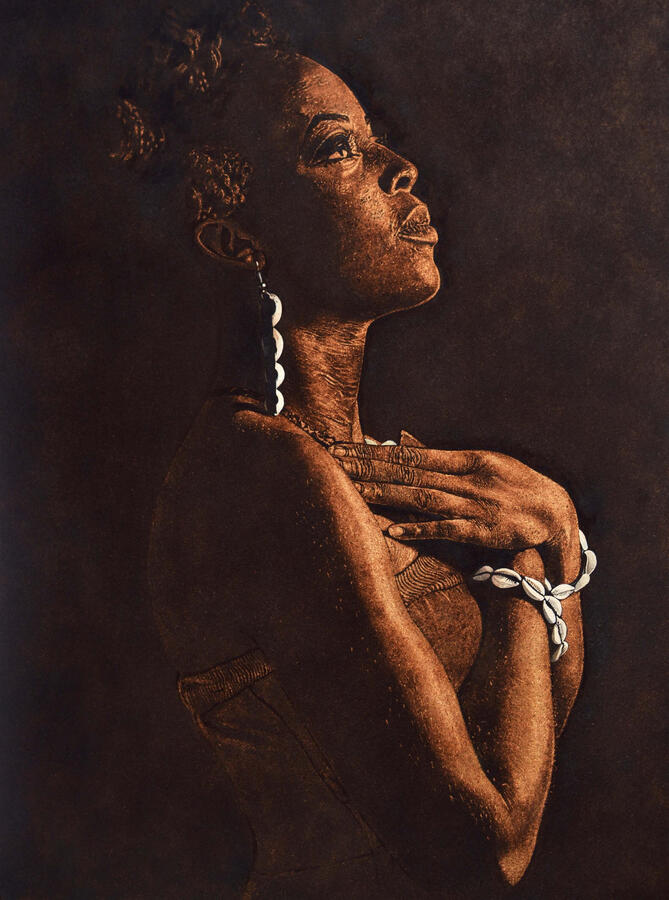 Ecstasy of Womanhood \n Pyrography, 32x43 inches, 2018