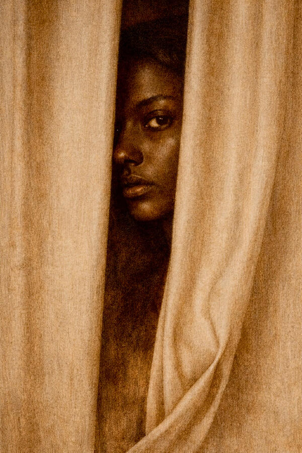 The space of Seeing Drawn with fire,\n razor blades on wood 61cm × 91cm 2026